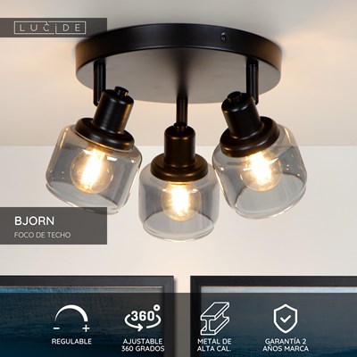 Lucide BJORN - Foco de techo - Ø 38 cm - 3xE14 - Negro